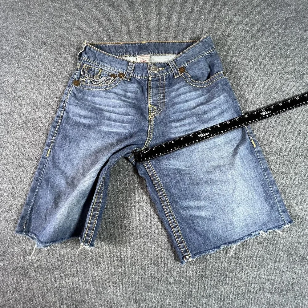 True Religion Bermuda Short Men's 30 Blue Cotton Denim Frayed-Hem Faded Workwear